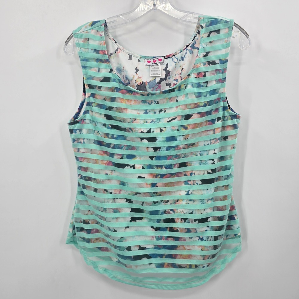 Three Pink Hearts Trixxi Tank Womens M Mint Green Striped Floral Mesh Tank Top